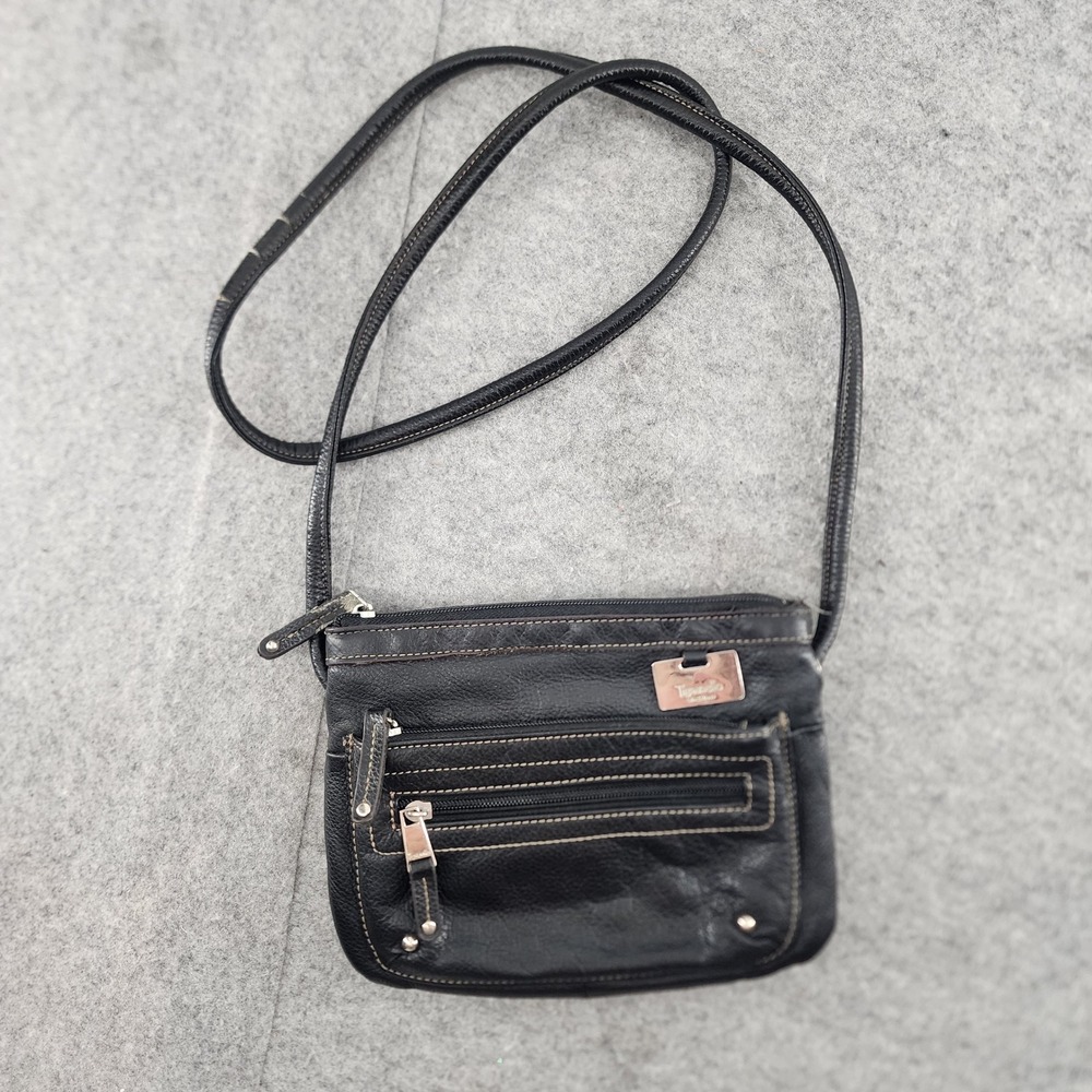 Tignanello Black Genuine Leather Crossbody Multi Zip Organizer Bag Women Small